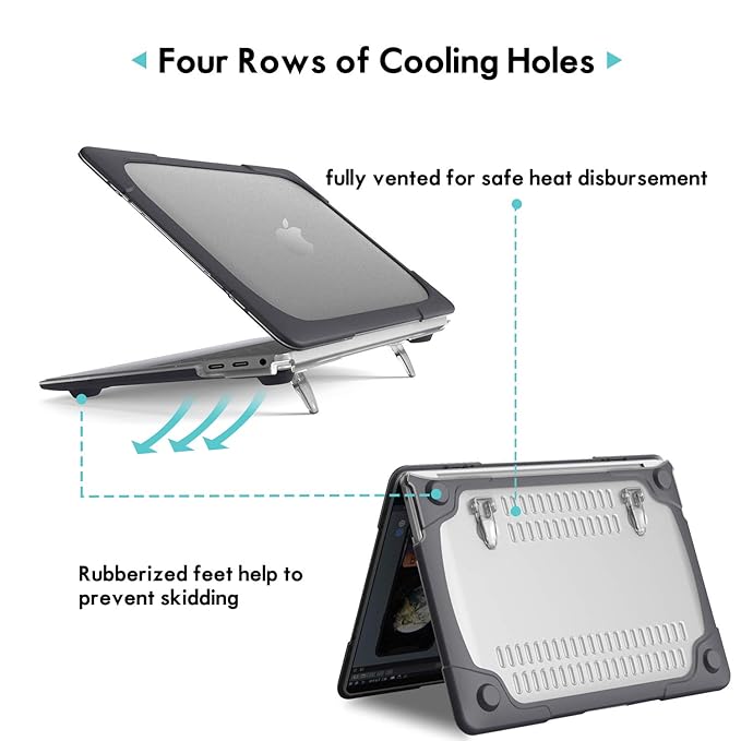 MacBook Pro 13 Inch M1 A2338/ A2289/ A2251 (2020 - 2022), MacBook Air 13 Inch A1932/ A2179/ A2337 (2018 - 2023) Case Heavy Duty Hard Shell Dual Layer Protective Cover With KickStand